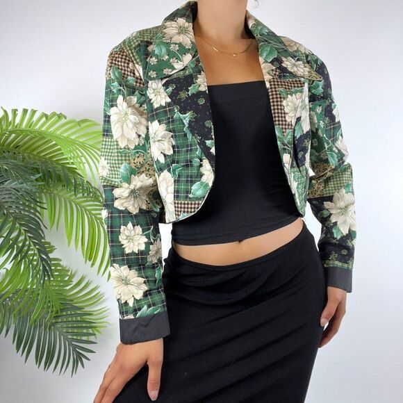 Women's Vintage 90s Floral Plaid Patchwork Cottage Whimsygoth Cropped Blazer / M - Picture 5 of 5